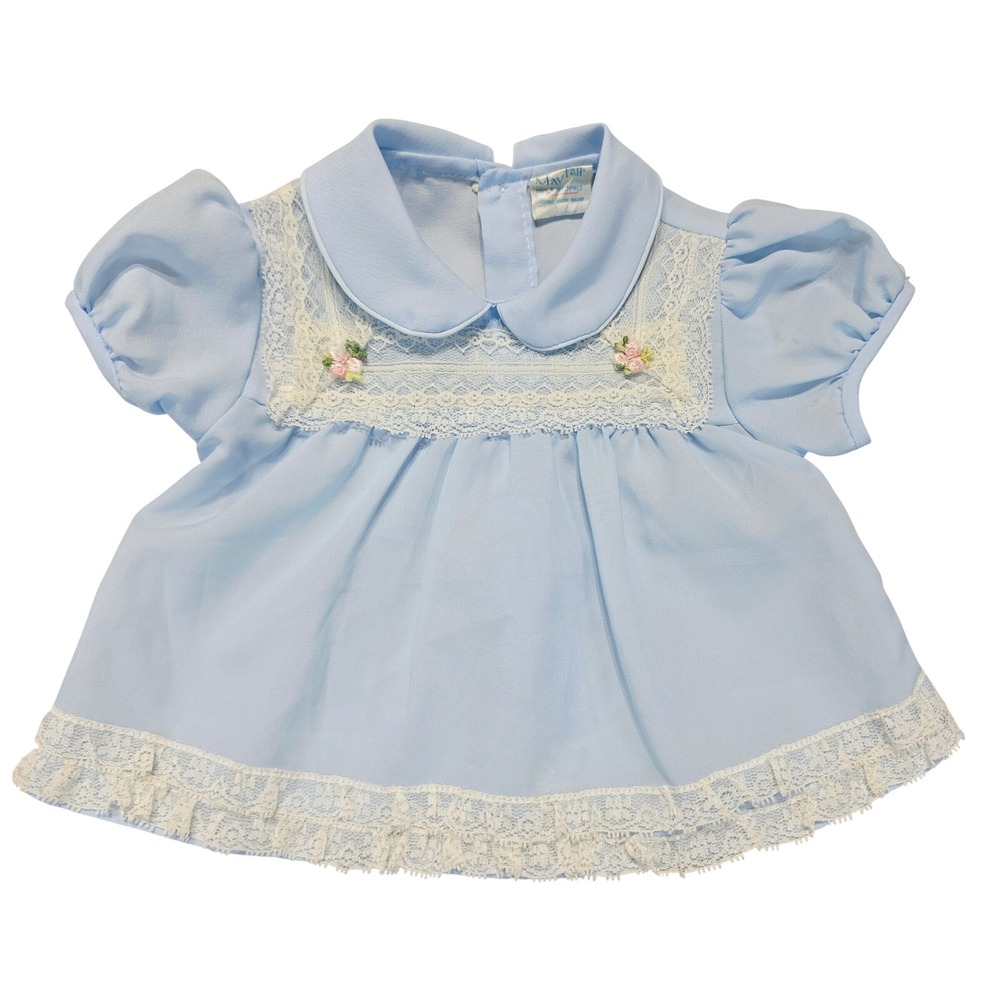 Vtg Mayfair Baby Girl Blue Lace Peter Pan Collar Puff Sleeve 0-3 M